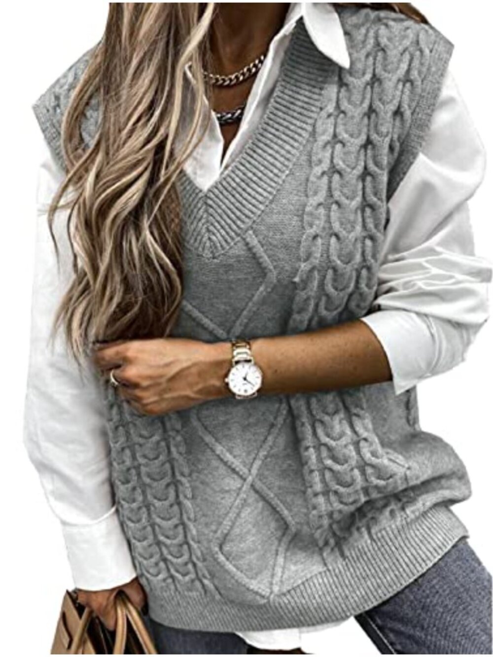 Women's V-Neck Sleeveless Cable Knit Sweater Vest Oversized Loose Pullover Tank